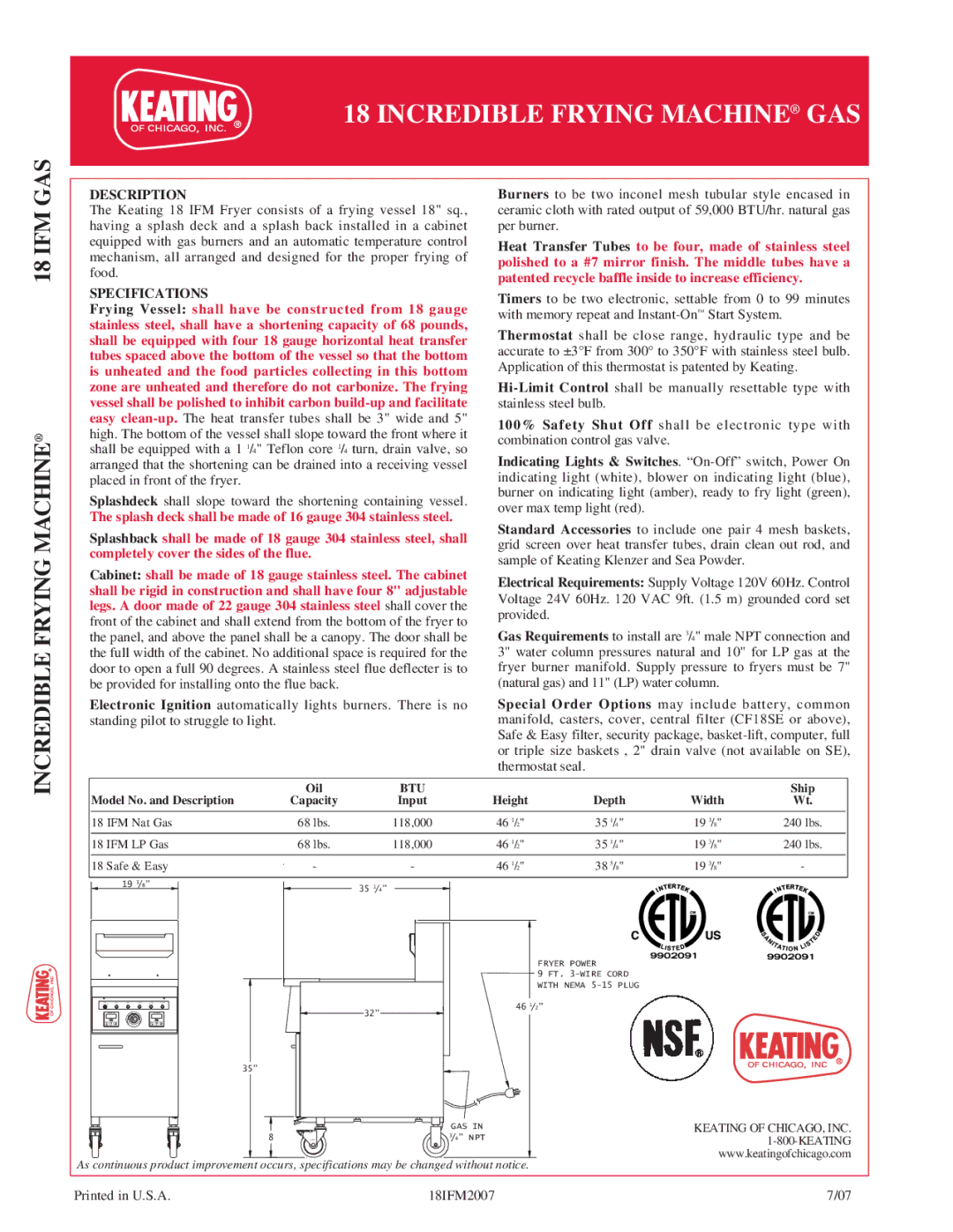 Keating Of Chicago 18IFMGAS manual Description, Specifications 