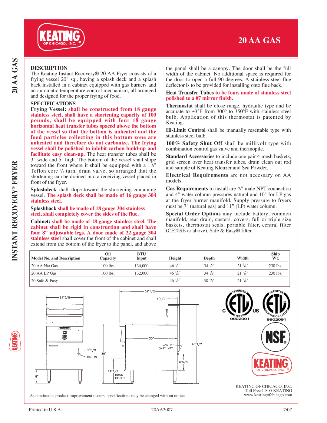 Keating Of Chicago 20 AA Gas manual Description, Specifications 