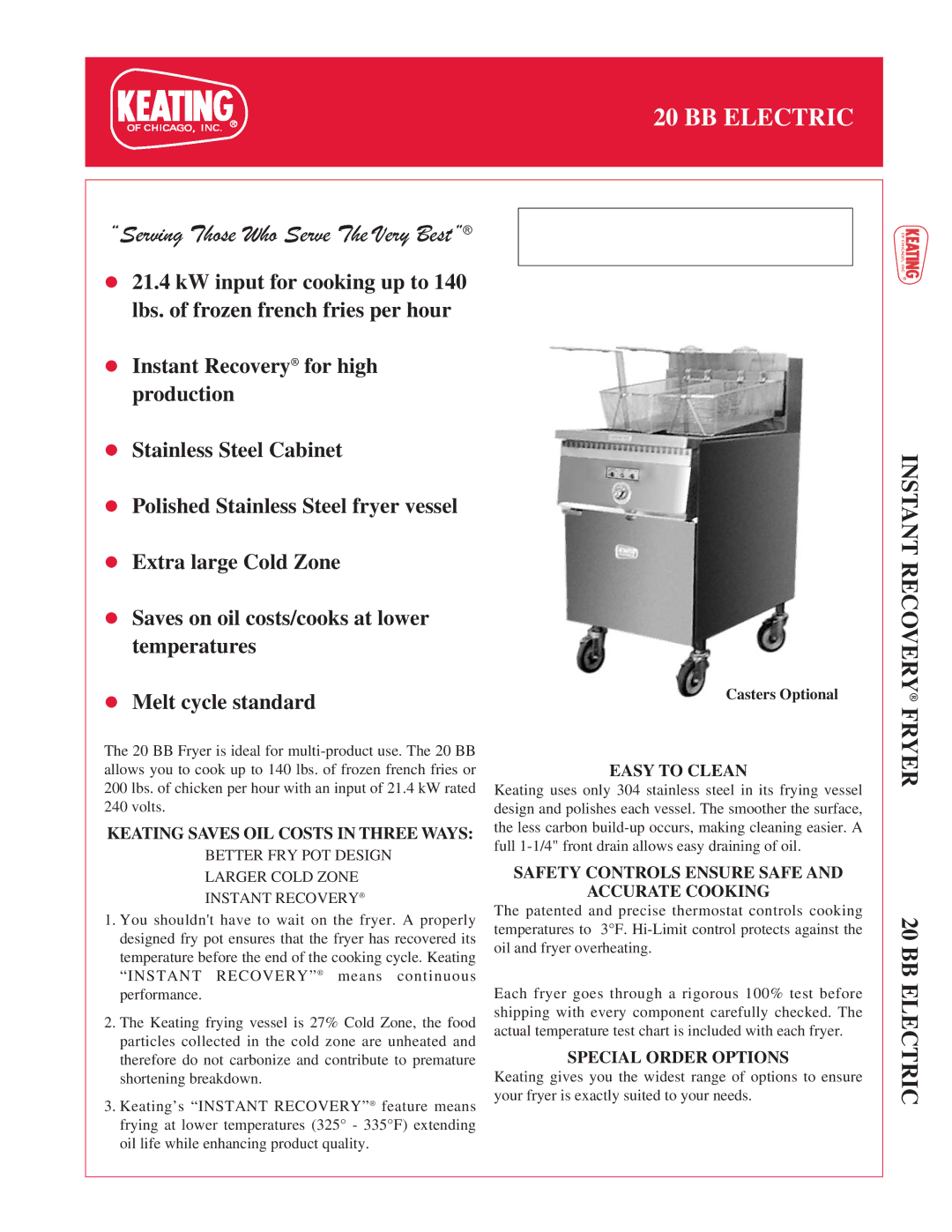 Keating Of Chicago 20 BB Electric manual Instant Recovery, Fryer BB Electric, Easy to Clean, Special Order Options 