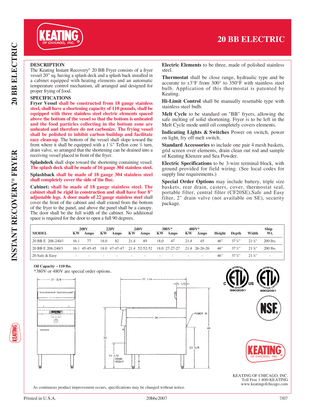 Keating Of Chicago 20 BB Electric manual BB Electric Recovery Fryer, Instant, Description, Specifications 