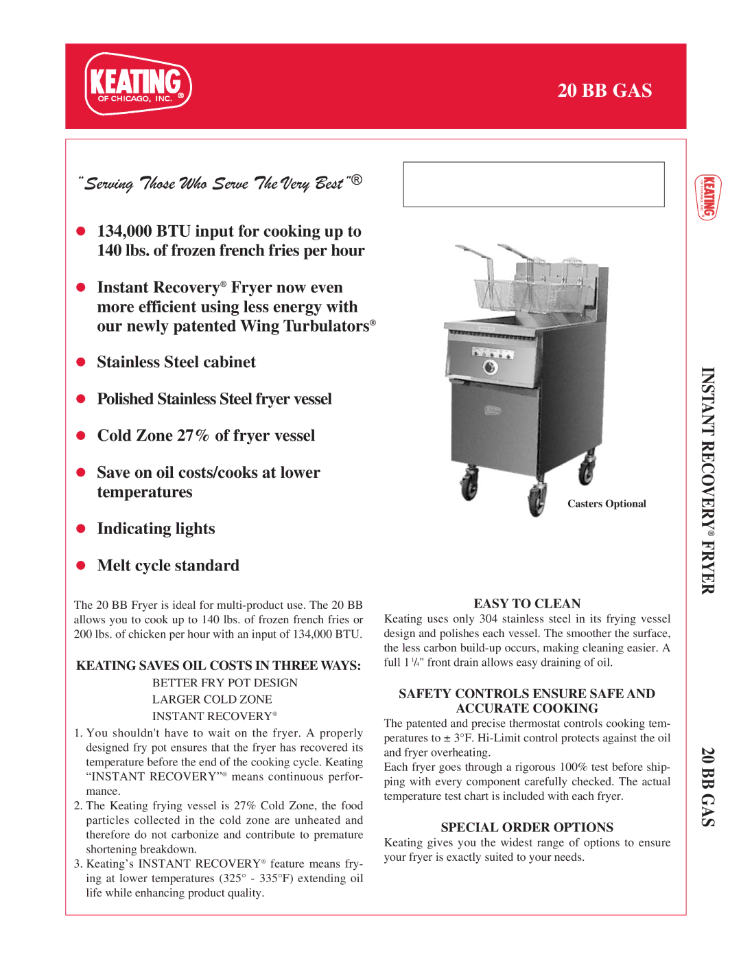 Keating Of Chicago 20 BB Gas manual Instant Recovery Fryer, Bb Gas 