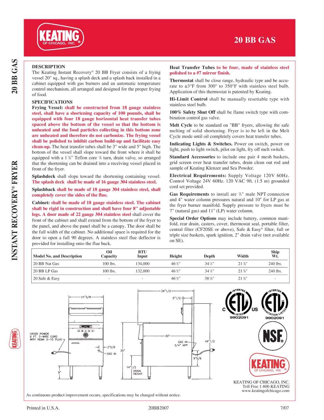 Keating Of Chicago 20 BB Gas manual BB GAS Instant Recovery Fryer, Description, Specifications 