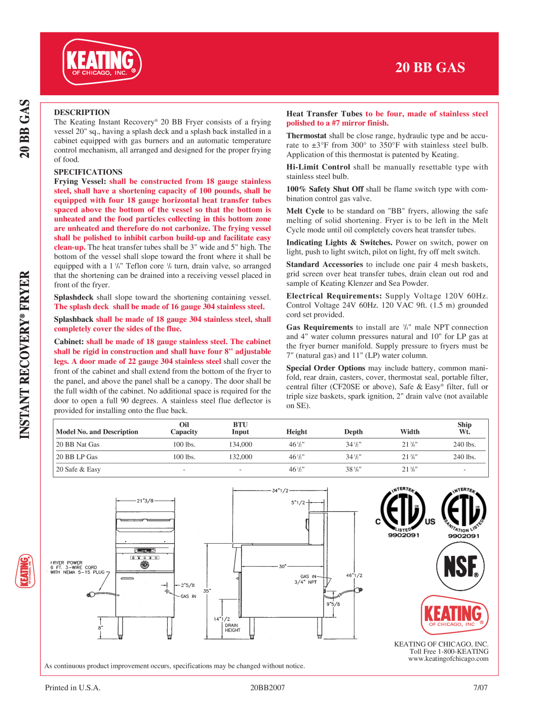 Keating Of Chicago 20 BB Gas manual Bb Gas Instant Recovery Fryer, Description, Specifications 