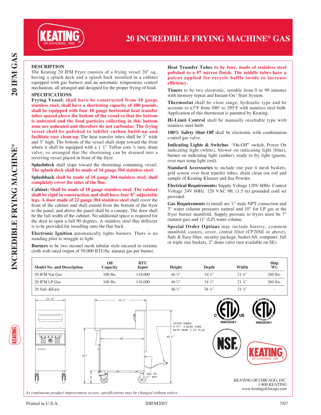 Keating Of Chicago 20 IFM manual Description, Specifications 