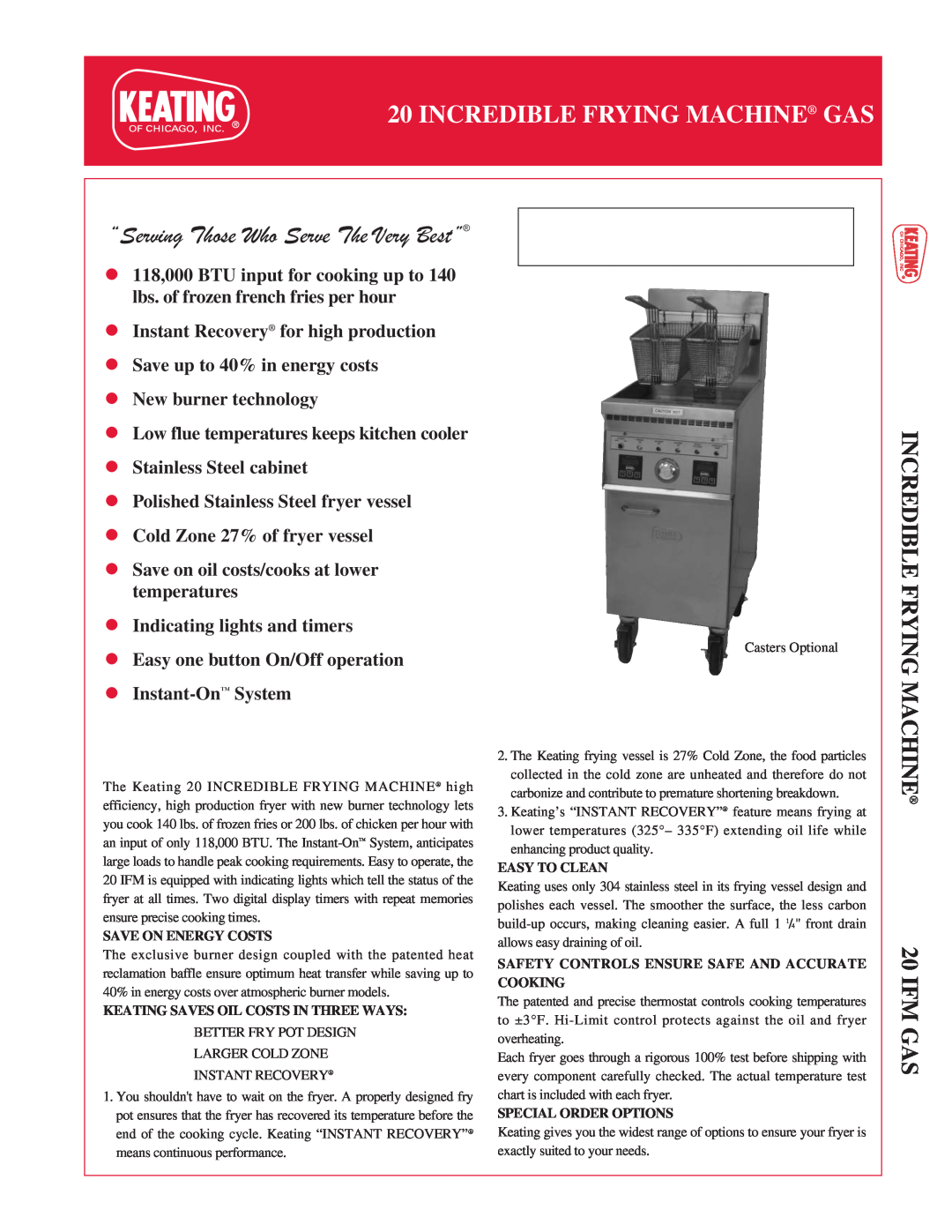 Keating Of Chicago manual Incredible Frying Machine Gas, INCREDIBLE FRYING MACHINE 20 IFM GAS 