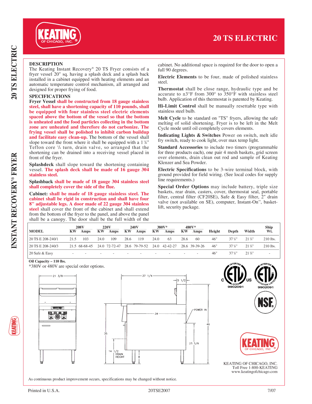 Keating Of Chicago 20 TS Electric manual Instant, Description, Specifications 