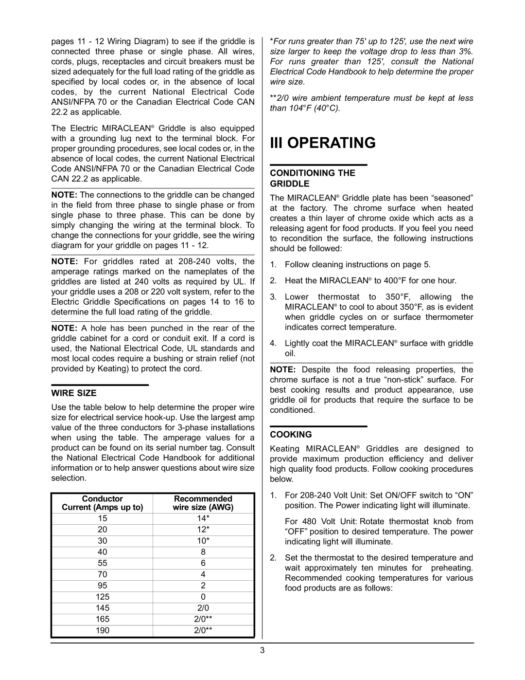 Keating Of Chicago 2000 user manual III Operating, Wire Size, Conditioning Griddle, Cooking 