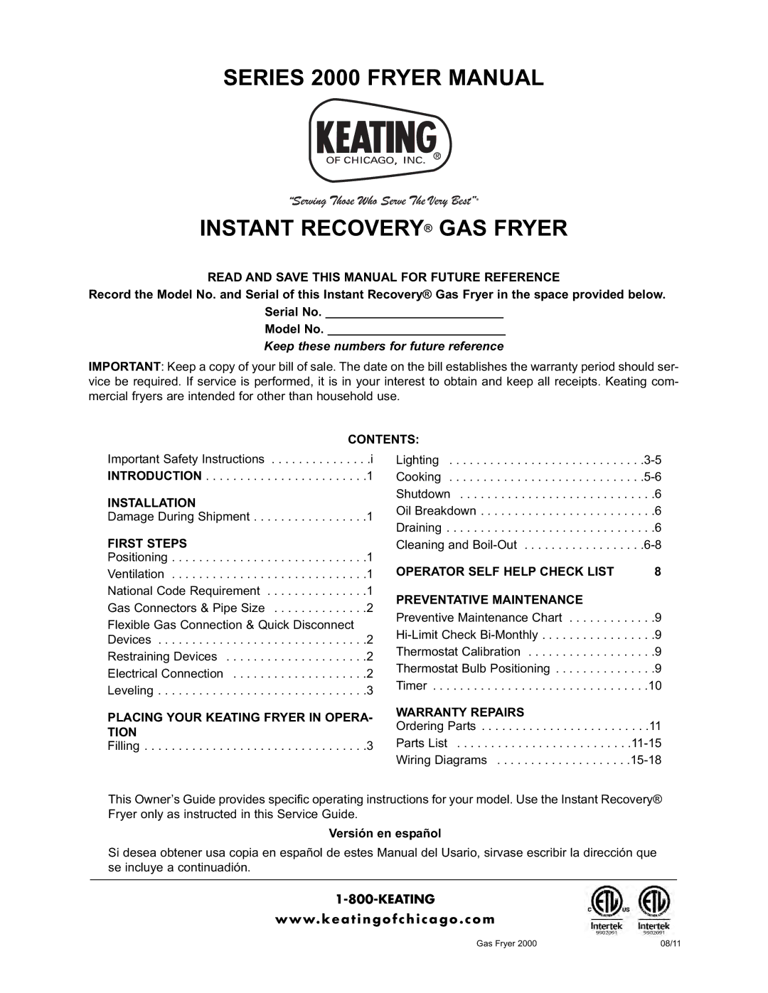 Keating Of Chicago 2000 warranty Read and Save this Manual for Future Reference, Contents, Installation, First Steps 