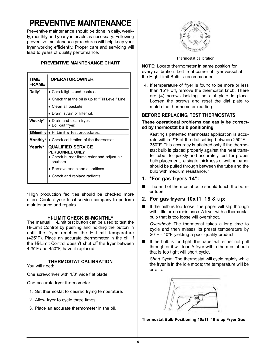 Keating Of Chicago 2000 warranty HI-LIMIT Check BI-MONTHLY, Thermostat Calibration, Qualified Service 