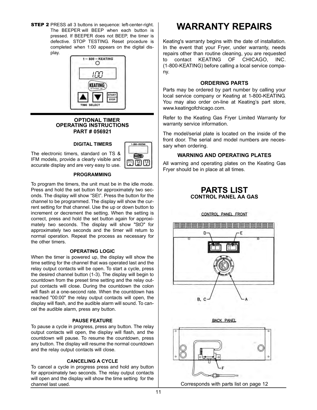 Keating Of Chicago 2000 warranty Optional Timer Operating Instructions, Ordering Parts, Control Panel AA GAS 