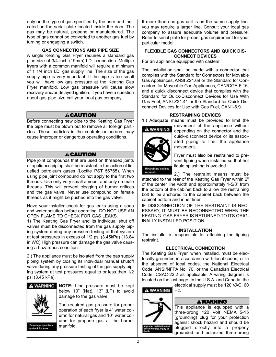 Keating Of Chicago 2000 Installation, GAS Connections and Pipe Size, Flexible GAS Connectors and Quick DIS Connect Devices 