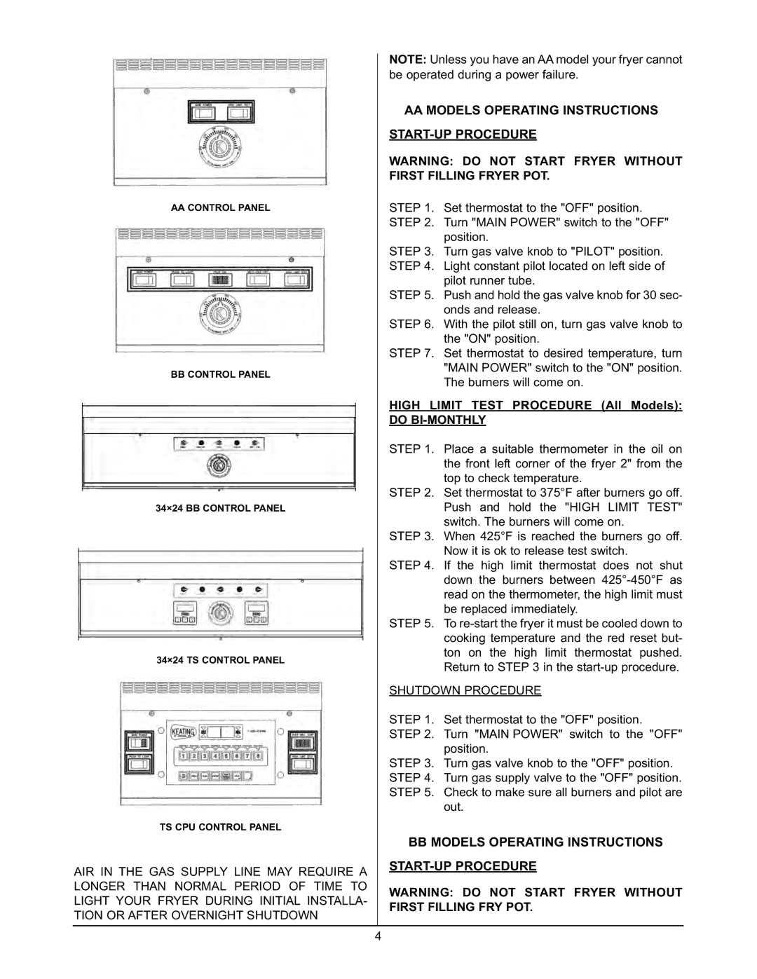 Keating Of Chicago 2000 warranty AA Models Operating Instructions START-UP Procedure, Do BI-MONTHLY 