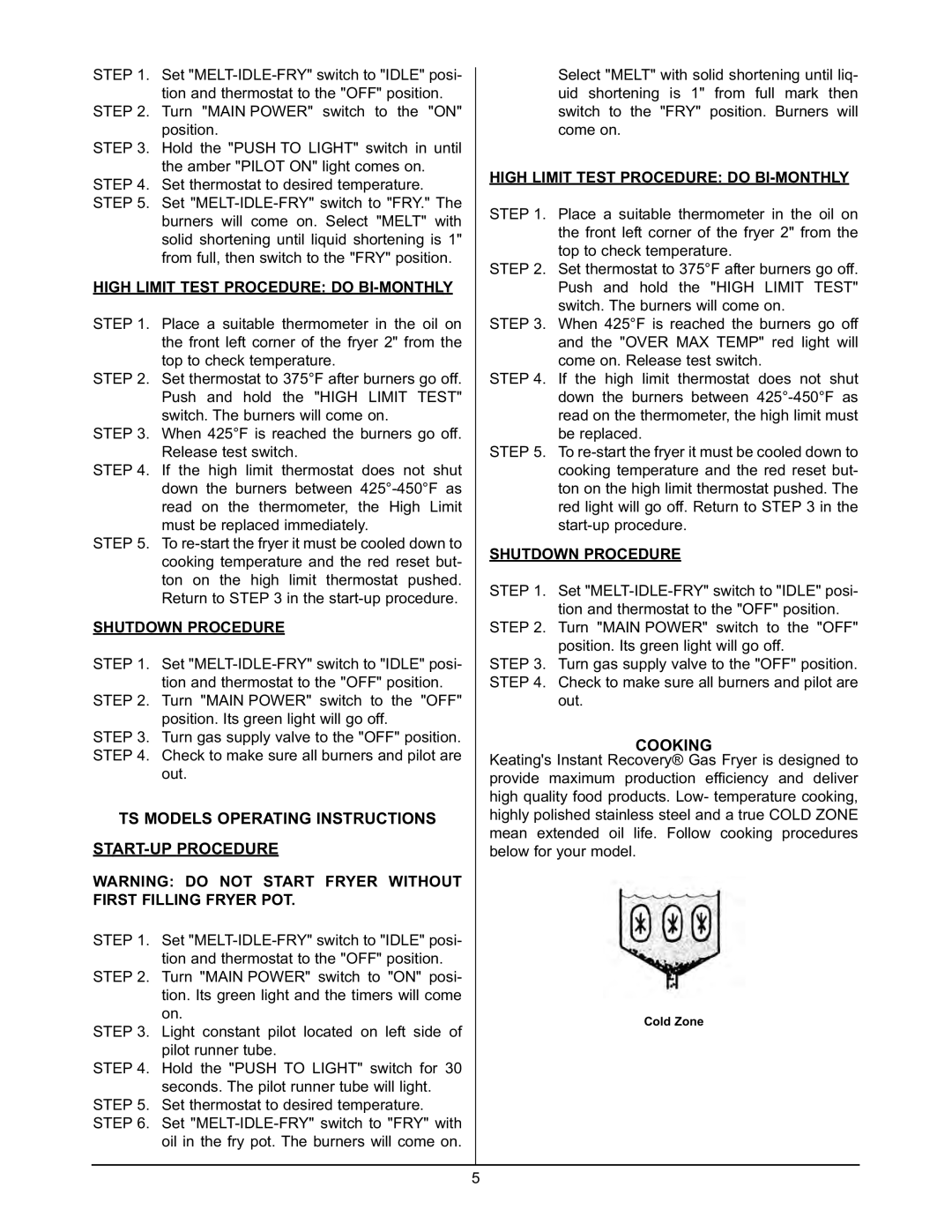 Keating Of Chicago 2000 warranty TS Models Operating Instructions START-UP Procedure, Cooking, Shutdown Procedure 