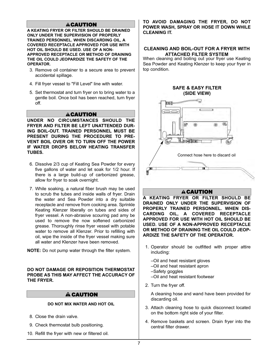 Keating Of Chicago 2000 warranty Safe & Easy Filter Side View, Do not MIX Water and HOT OIL 