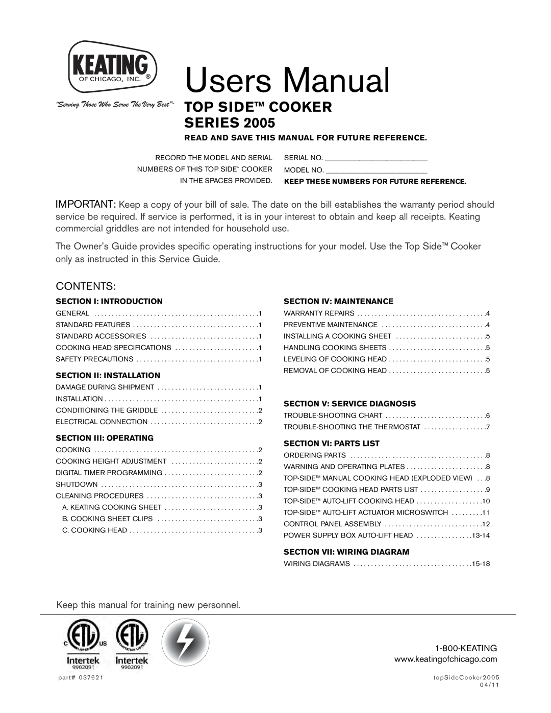 Keating Of Chicago 2005 user manual TOP Side Cooker Series 