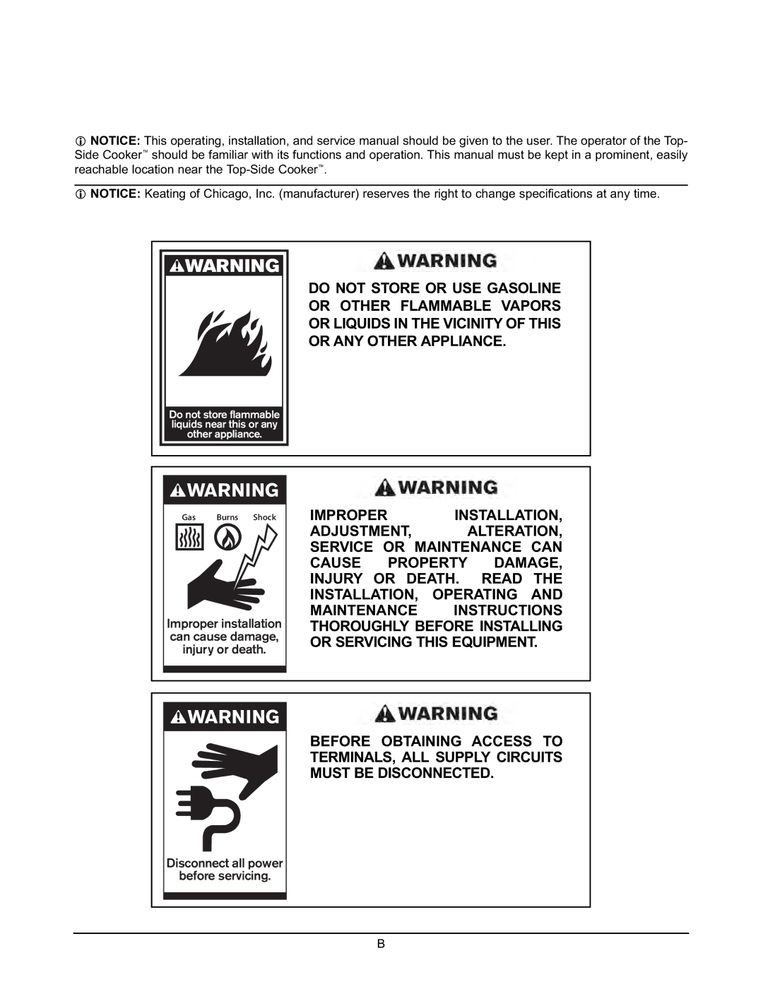 Keating Of Chicago 2005 user manual Improper Installation 