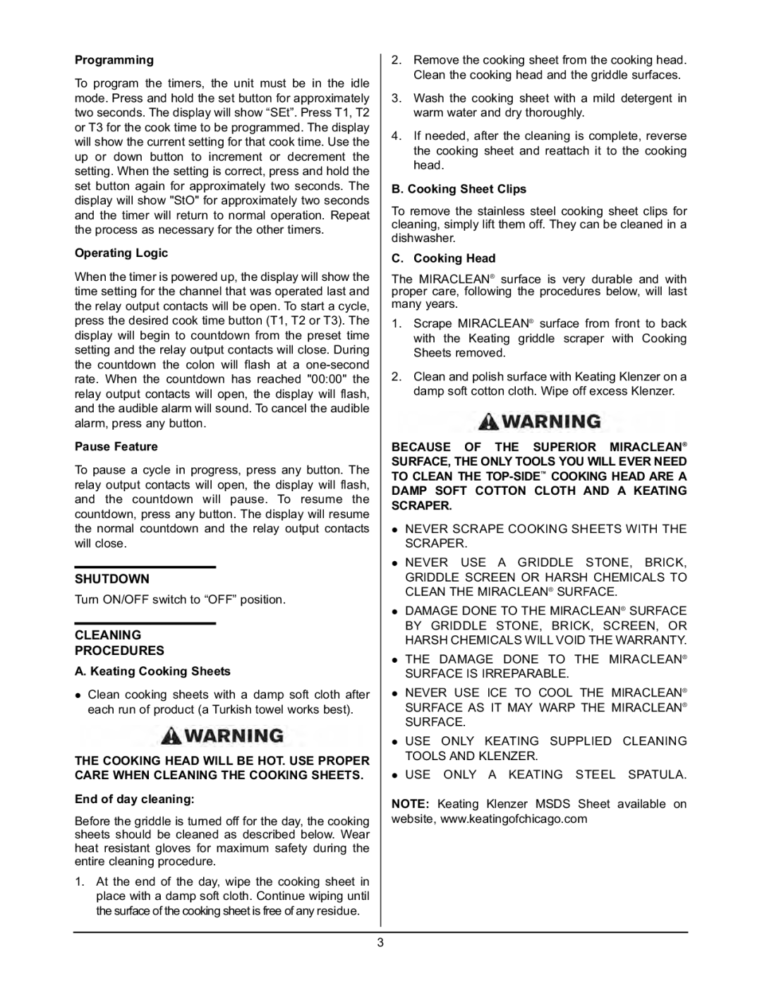 Keating Of Chicago 2005 user manual Shutdown, Cleaning Procedures 