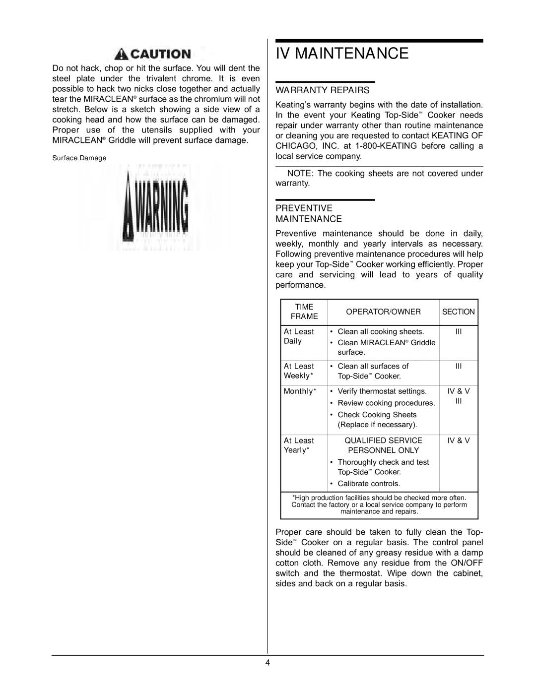 Keating Of Chicago 2005 user manual IV Maintenance, Warranty Repairs, Preventive Maintenance 