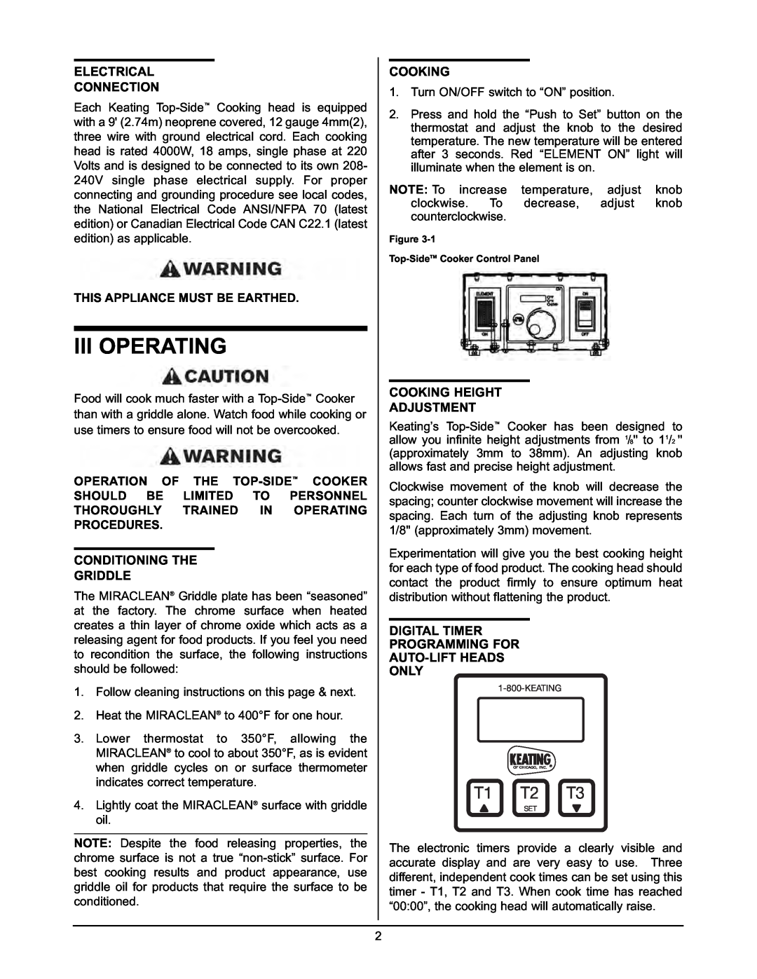 Keating Of Chicago 2005 user manual Iii Operating, T1 T2 T3, Electrical Connection, Conditioning The Griddle, Cooking 