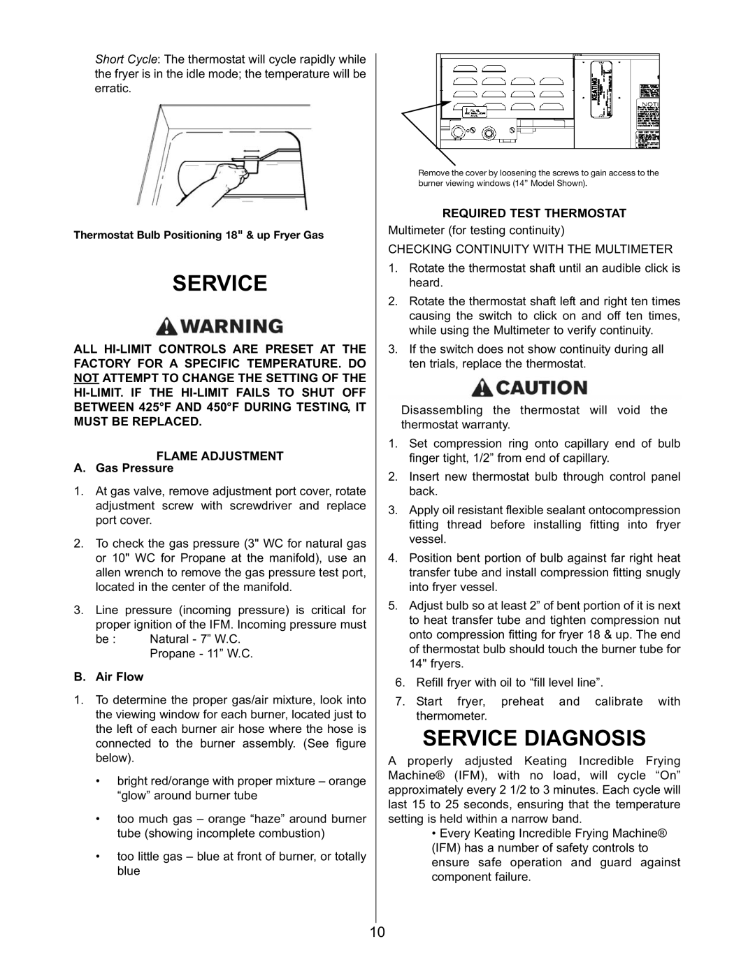 Keating Of Chicago 2006 warranty Service Diagnosis, Gas Pressure, Air Flow, Required Test Thermostat 