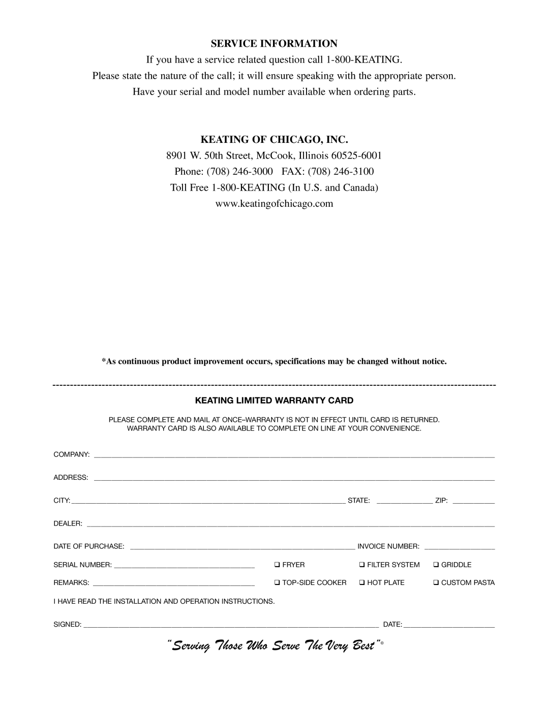 Keating Of Chicago 2006 warranty Service Information, Keating Limited Warranty Card 