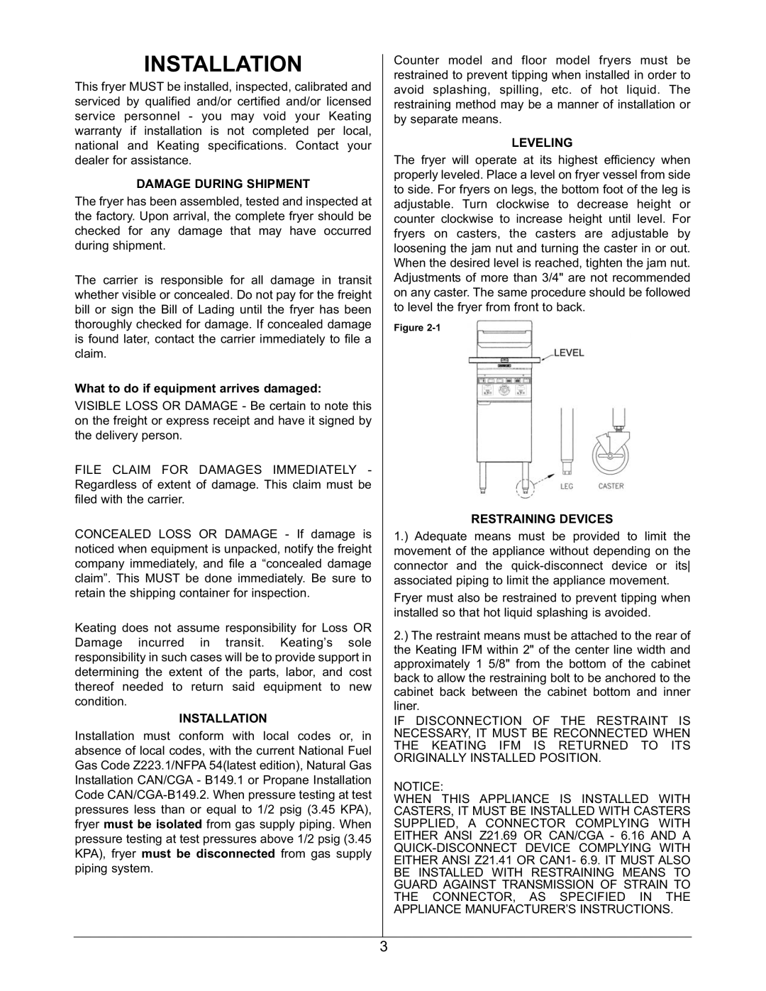 Keating Of Chicago 2006 warranty Installation, Damage During Shipment, Leveling, Restraining Devices 