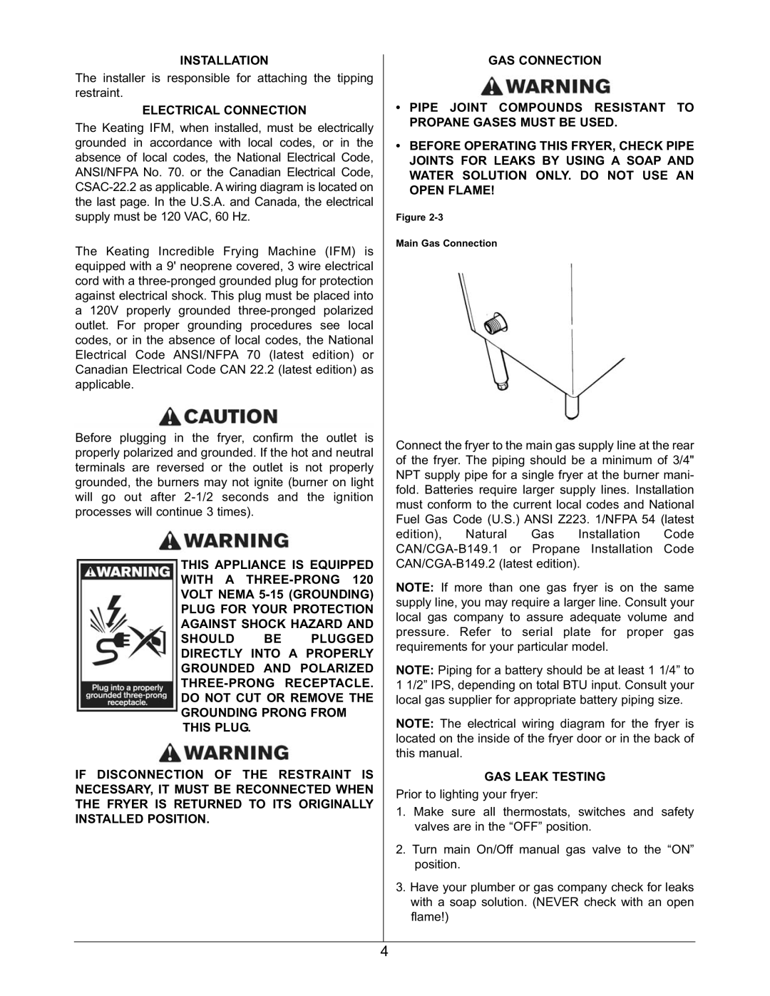 Keating Of Chicago 2006 warranty Electrical Connection, GAS Leak Testing 