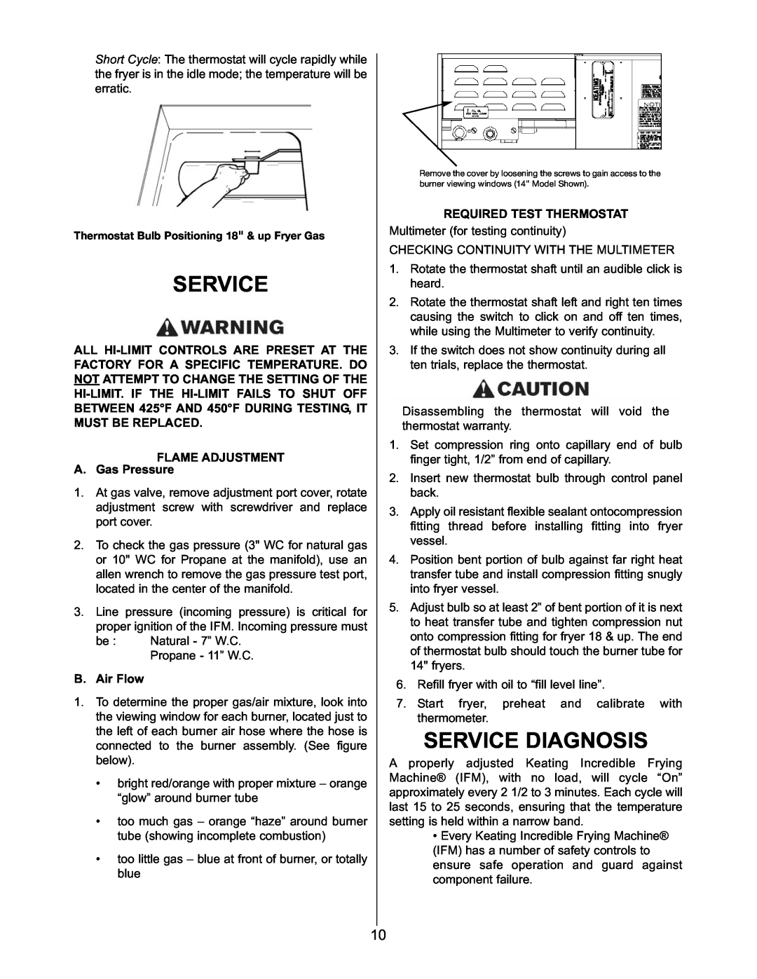 Keating Of Chicago 2006 Service Diagnosis, FLAME ADJUSTMENT A. Gas Pressure, B. Air Flow, Required Test Thermostat 