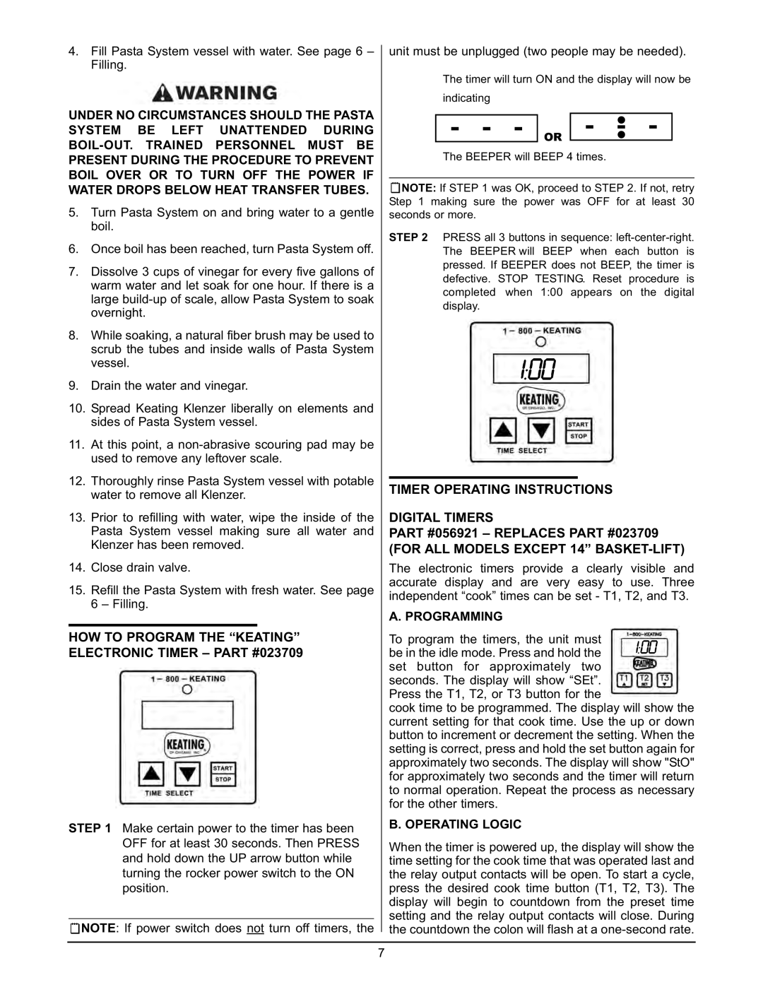 Keating Of Chicago 2009 manual Timer Operating Instructions, Digital Timers, For ALL Models Except 14 BASKET-LIFT 