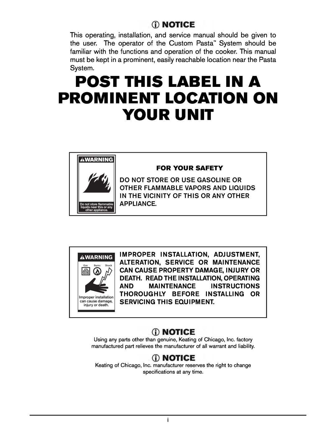 Keating Of Chicago 2009 manual For Your Safety, Post This Label In A Prominent Location On Your Unit 