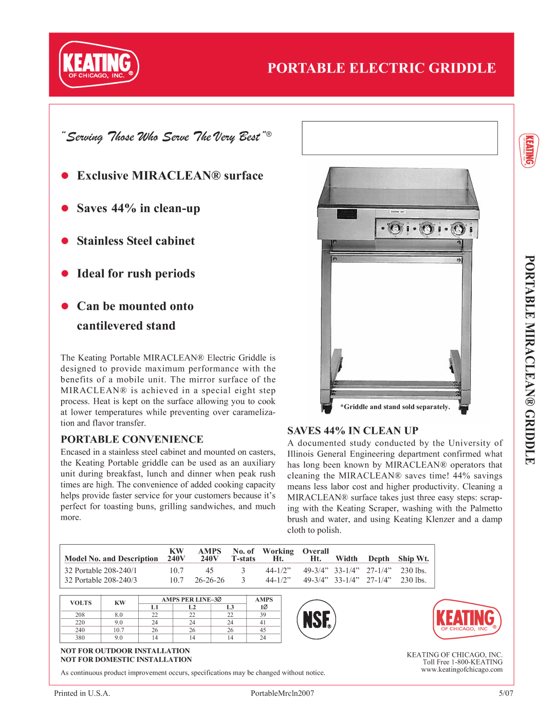 Keating Of Chicago 208-240/3, 208-240/1 specifications Portable Electric Griddle, Serving Those Who Serve The Very Best 