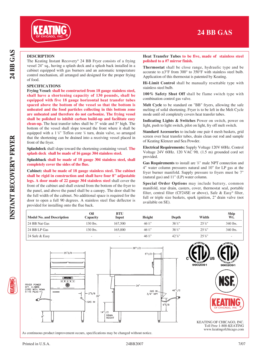 Keating Of Chicago 24 BB Gas manual Bb Gas Instant Recovery Fryer, Description, Specifications 