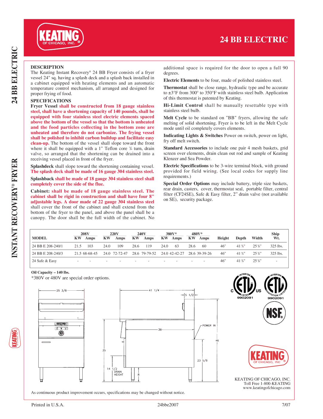 Keating Of Chicago 24 BB manual BB Electric Recovery Fryer, Instant, Description, Specifications 