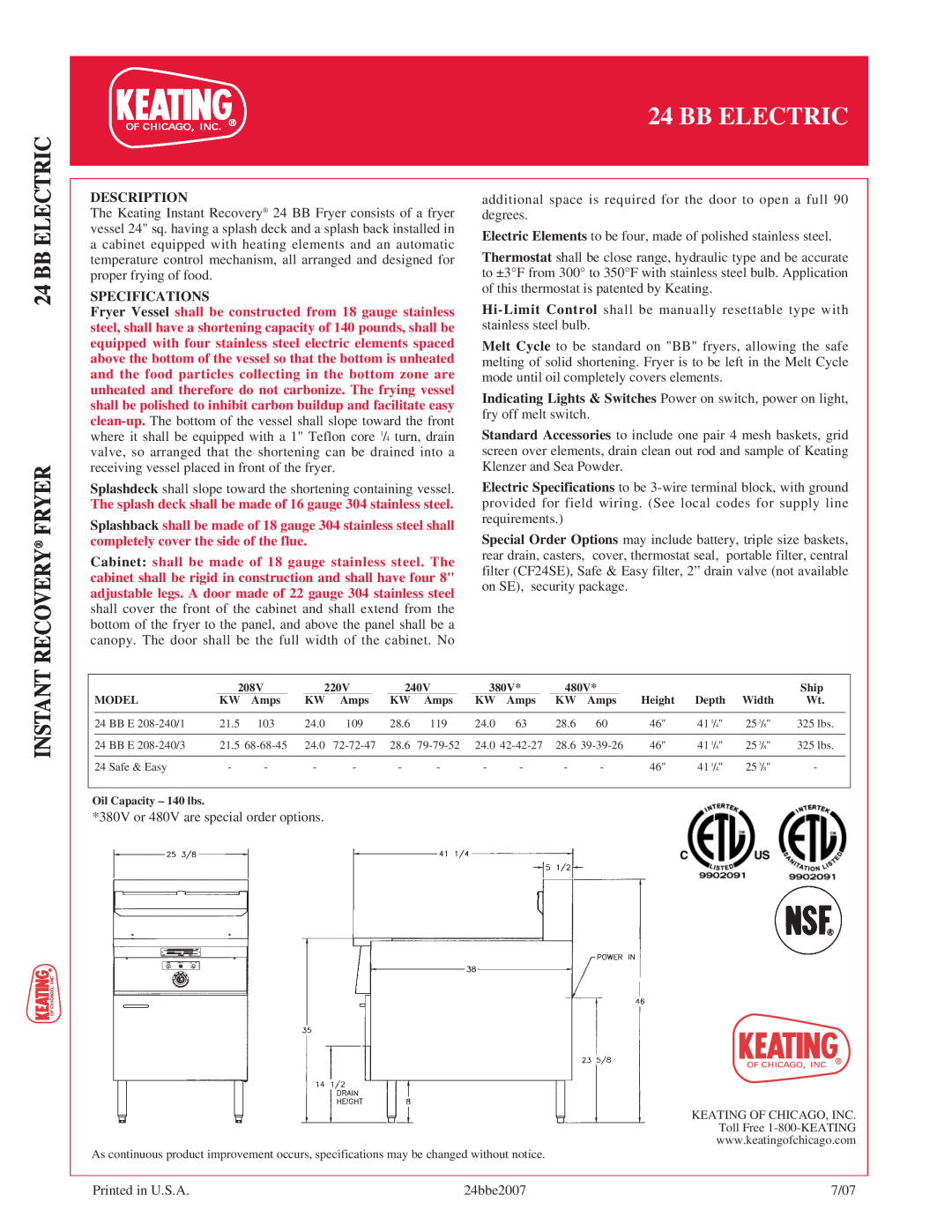 Keating Of Chicago 24 BB manual Bb Electric Recovery Fryer, Instant, Description, Specifications 