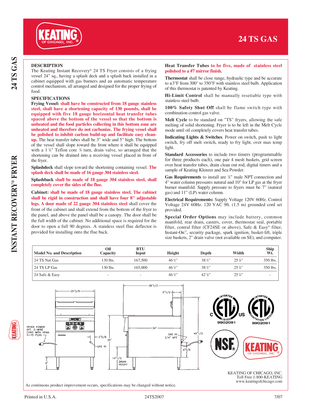 Keating Of Chicago 24 TS Gas manual Description, Specifications 