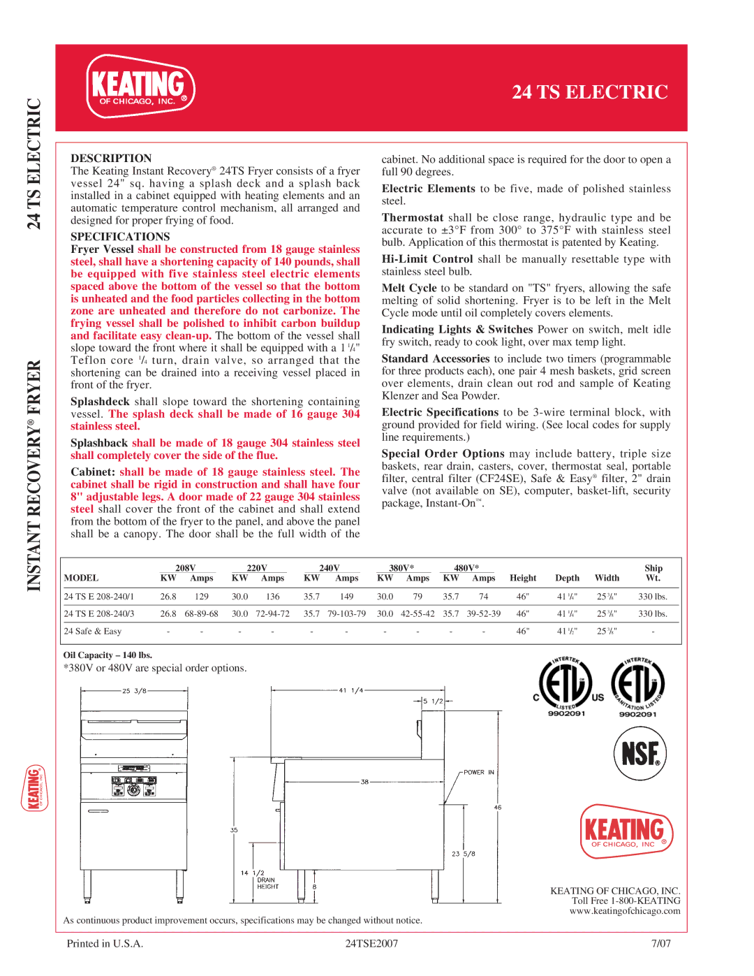 Keating Of Chicago 24 TS manual Description, Specifications 