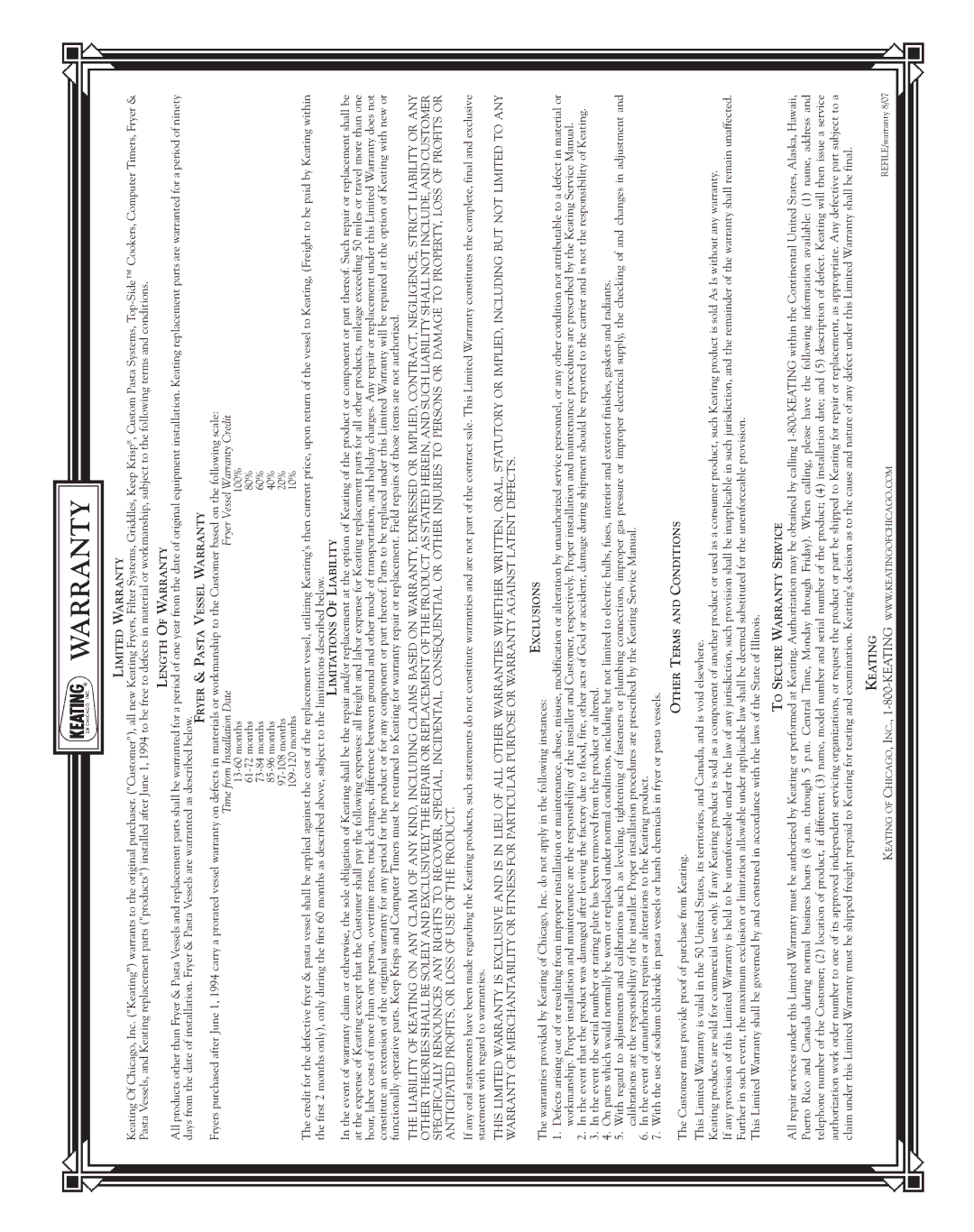 Keating Of Chicago 240V service manual Warranty 