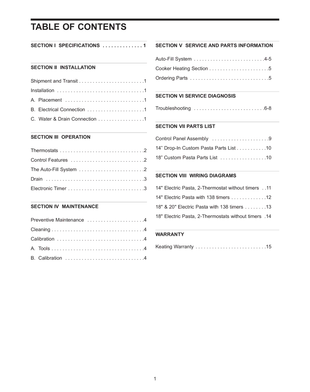 Keating Of Chicago 240V service manual Table of Contents 