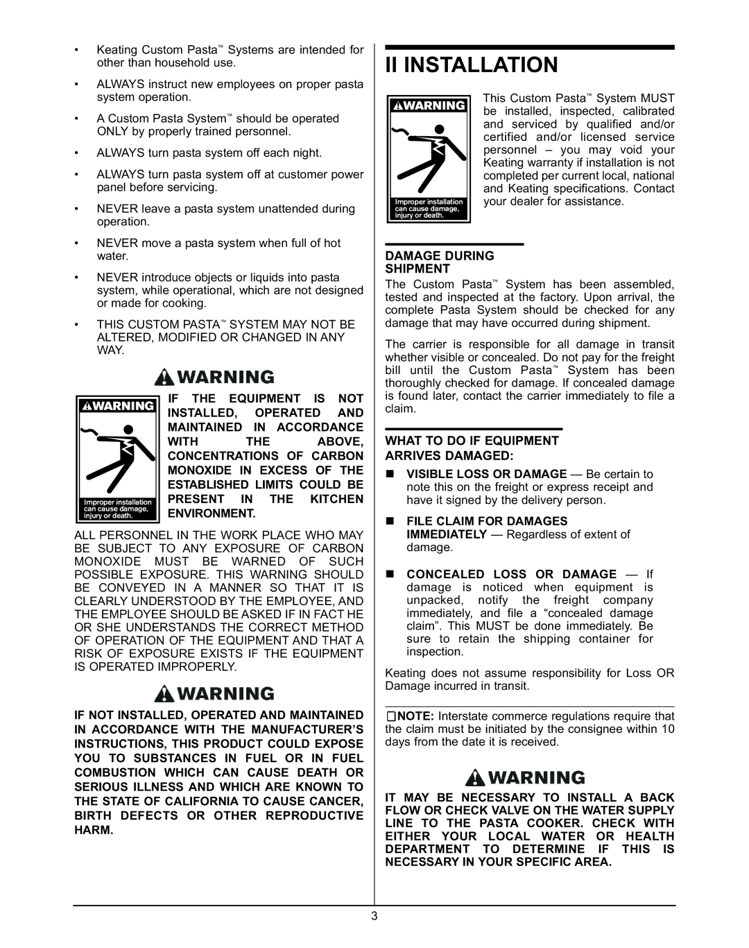 Keating Of Chicago 240V service manual II Installation, Damage During Shipment, What to do if Equipment Arrives Damaged 