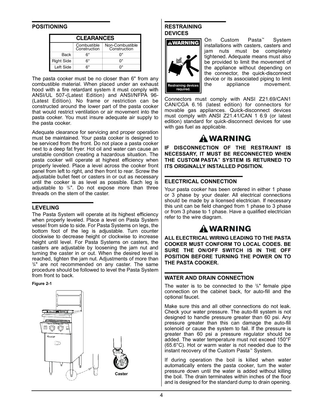 Keating Of Chicago 240V service manual Positioning Clearances, Restraining Devices, Leveling, Electrical Connection 