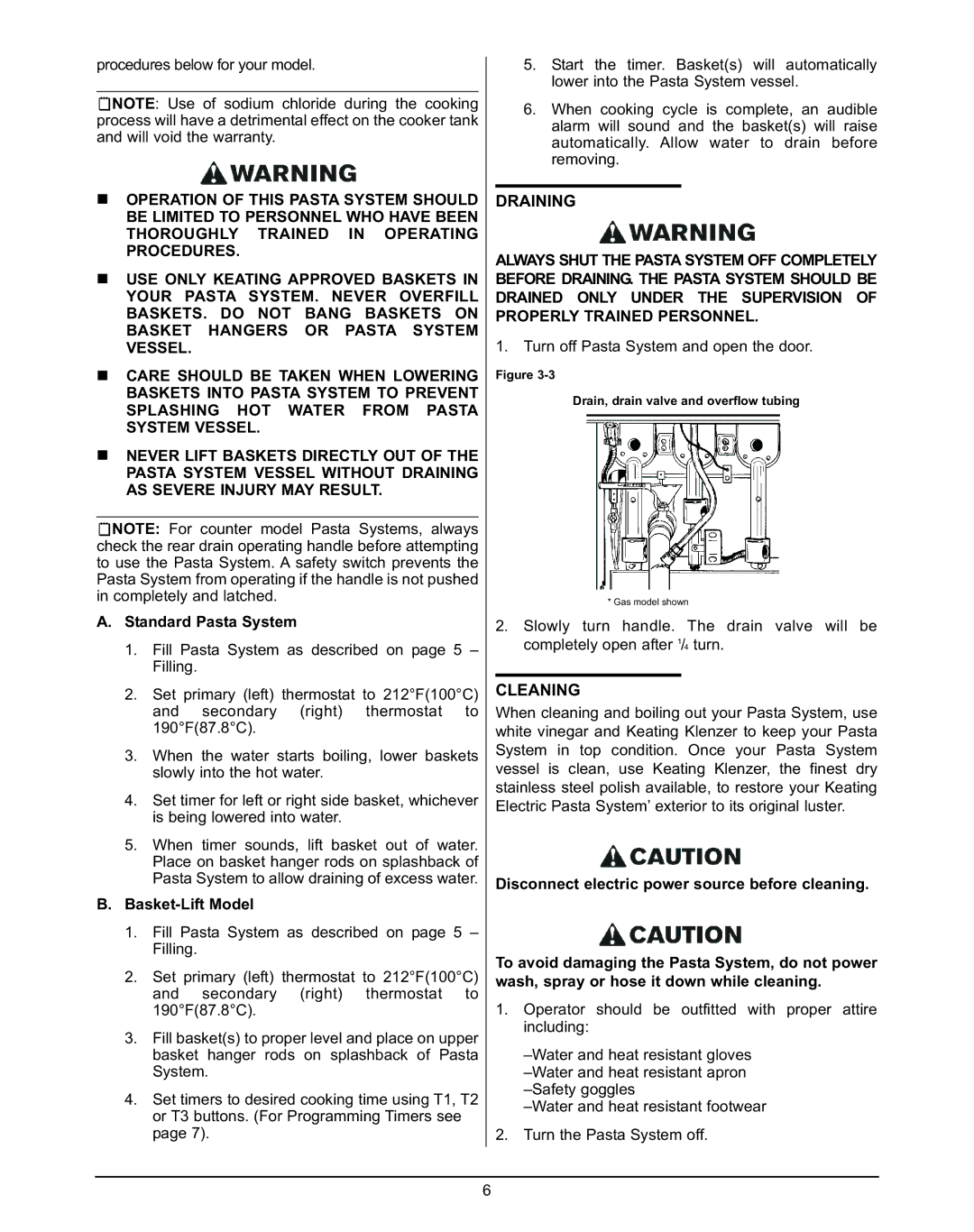 Keating Of Chicago 240V service manual Draining, Standard Pasta System 