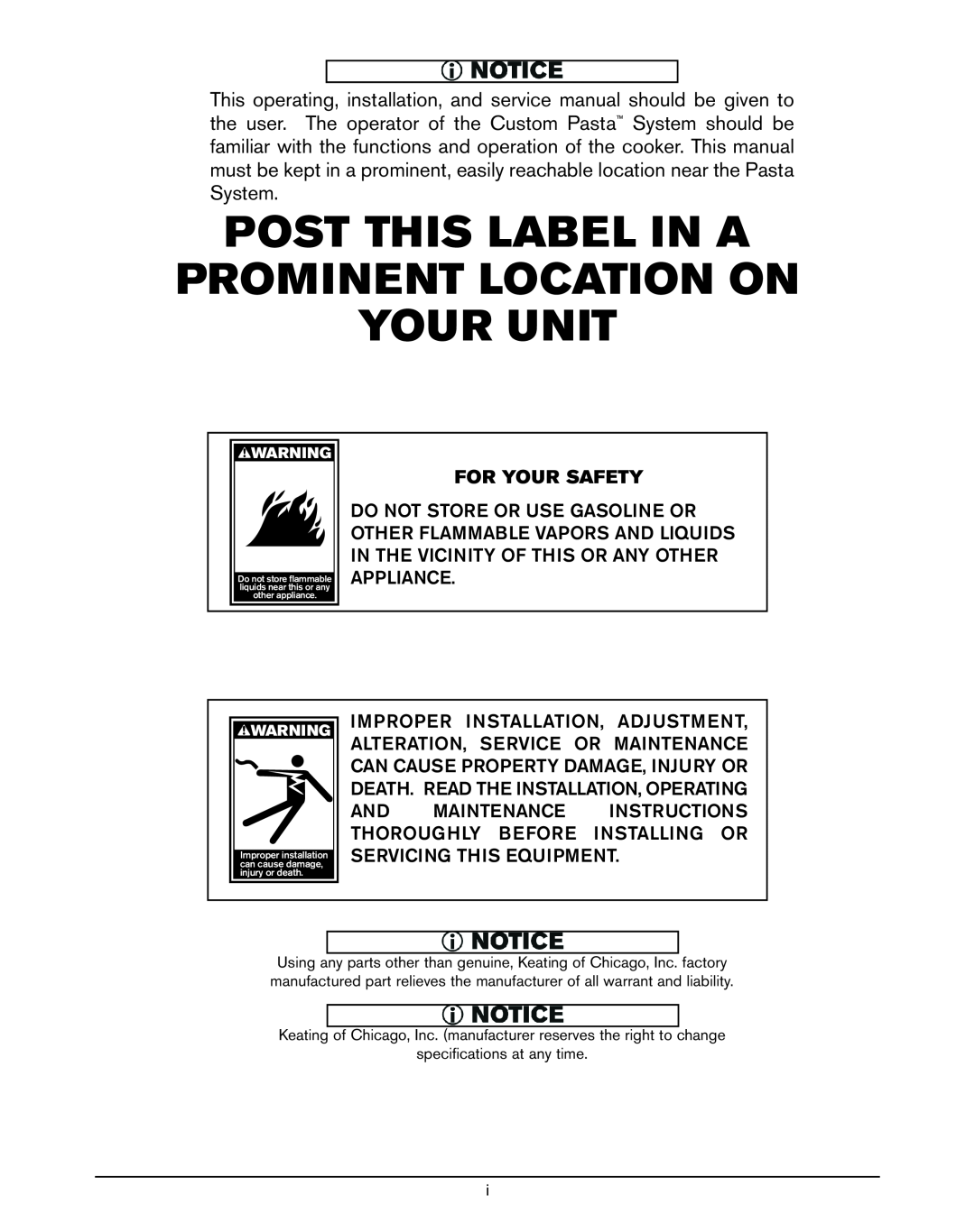 Keating Of Chicago 240V service manual For Your Safety, Post This Label In A Prominent Location On Your Unit 