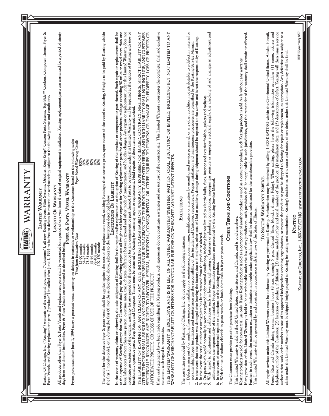 Keating Of Chicago 240V service manual Warranty, The Customer must provide proof of purchase from Keating 