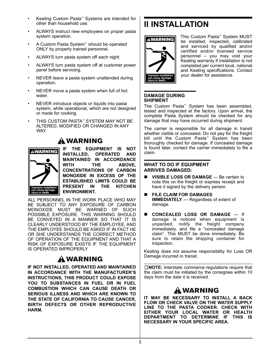 Keating Of Chicago 240V service manual Ii Installation, Damage During Shipment, What To Do If Equipment Arrives Damaged 