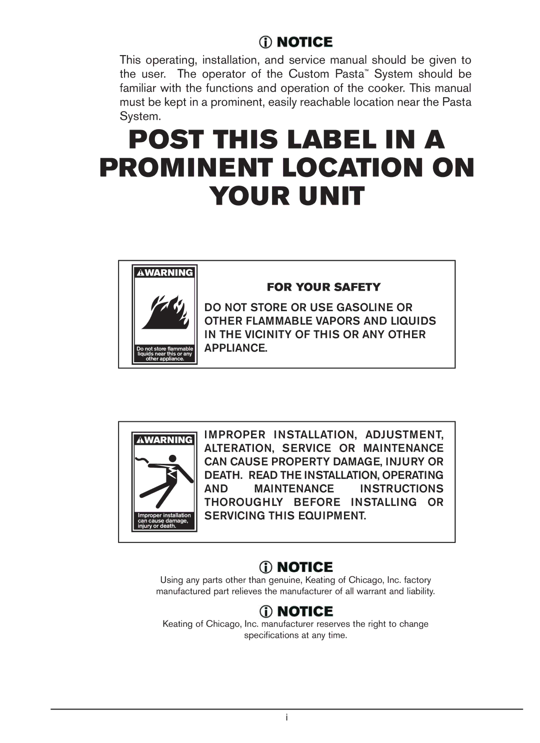 Keating Of Chicago 24763 manual Post this Label in a Prominent Location on Your Unit 