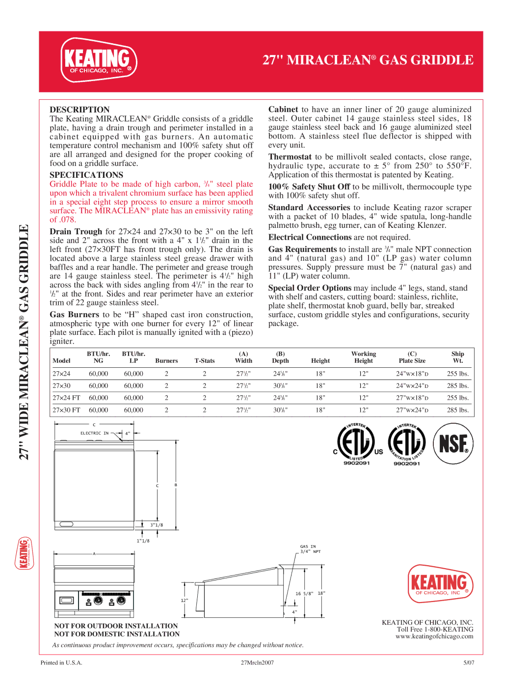 Keating Of Chicago 27 manual Wide Miraclean, Description, Specifications 