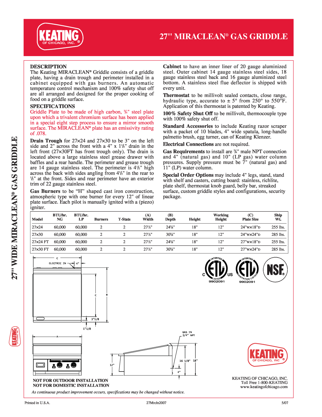 Keating Of Chicago 27 manual Wide Miraclean, Miraclean Gas Griddle, Description, Specifications 