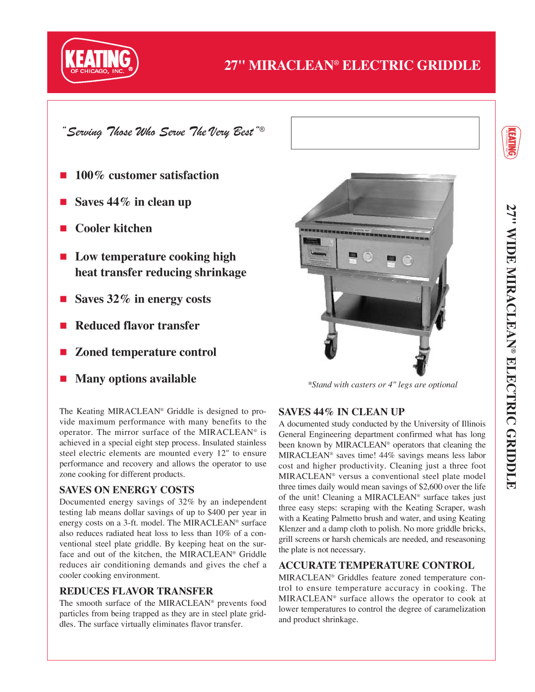 Keating Of Chicago 2730FT, 2724 manual Griddle, Saves on Energy Costs, Reduces Flavor Transfer, Saves 44% in Clean UP 