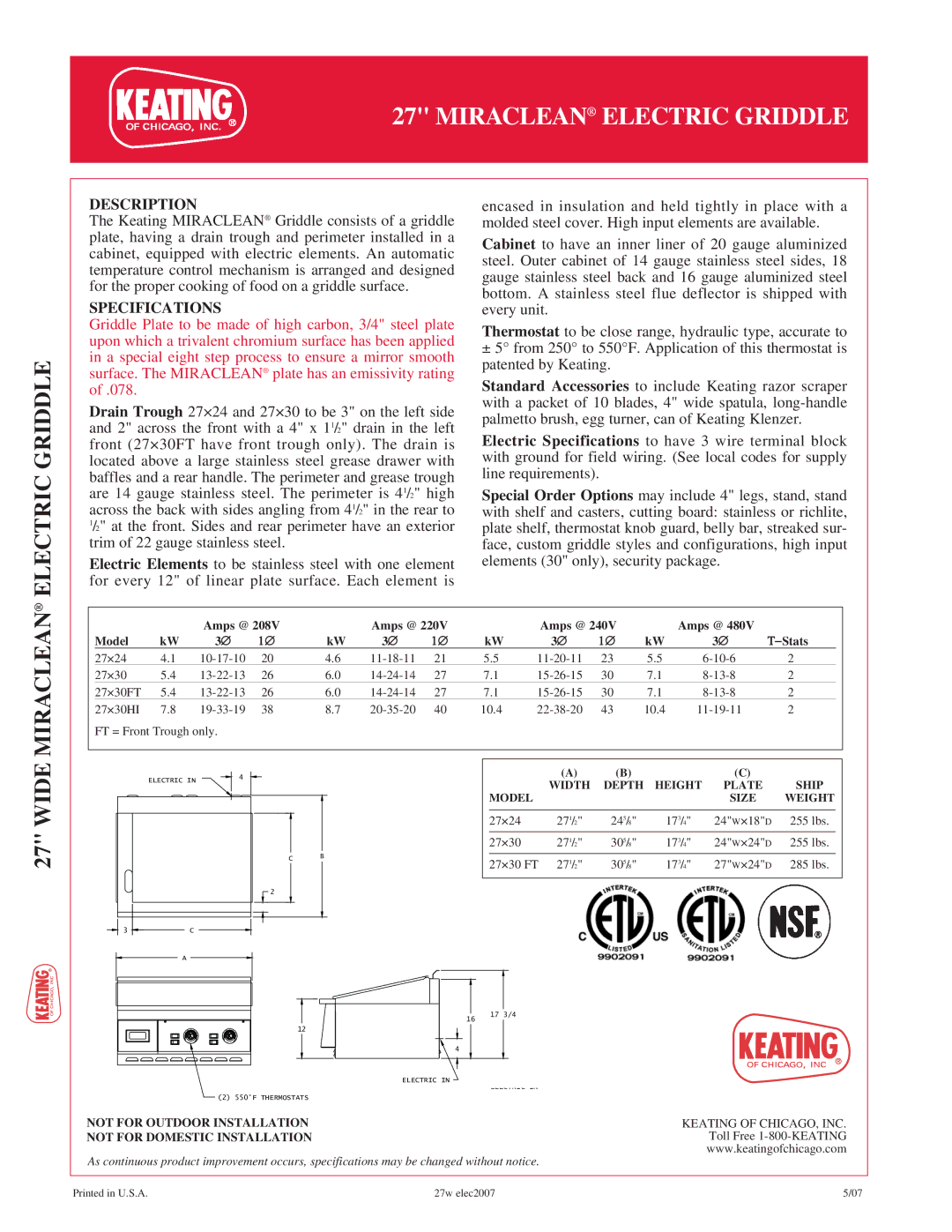 Keating Of Chicago 2724, 2730FT, 2730HI manual Electric Griddle, Wide Miraclean, Description, Specifications 