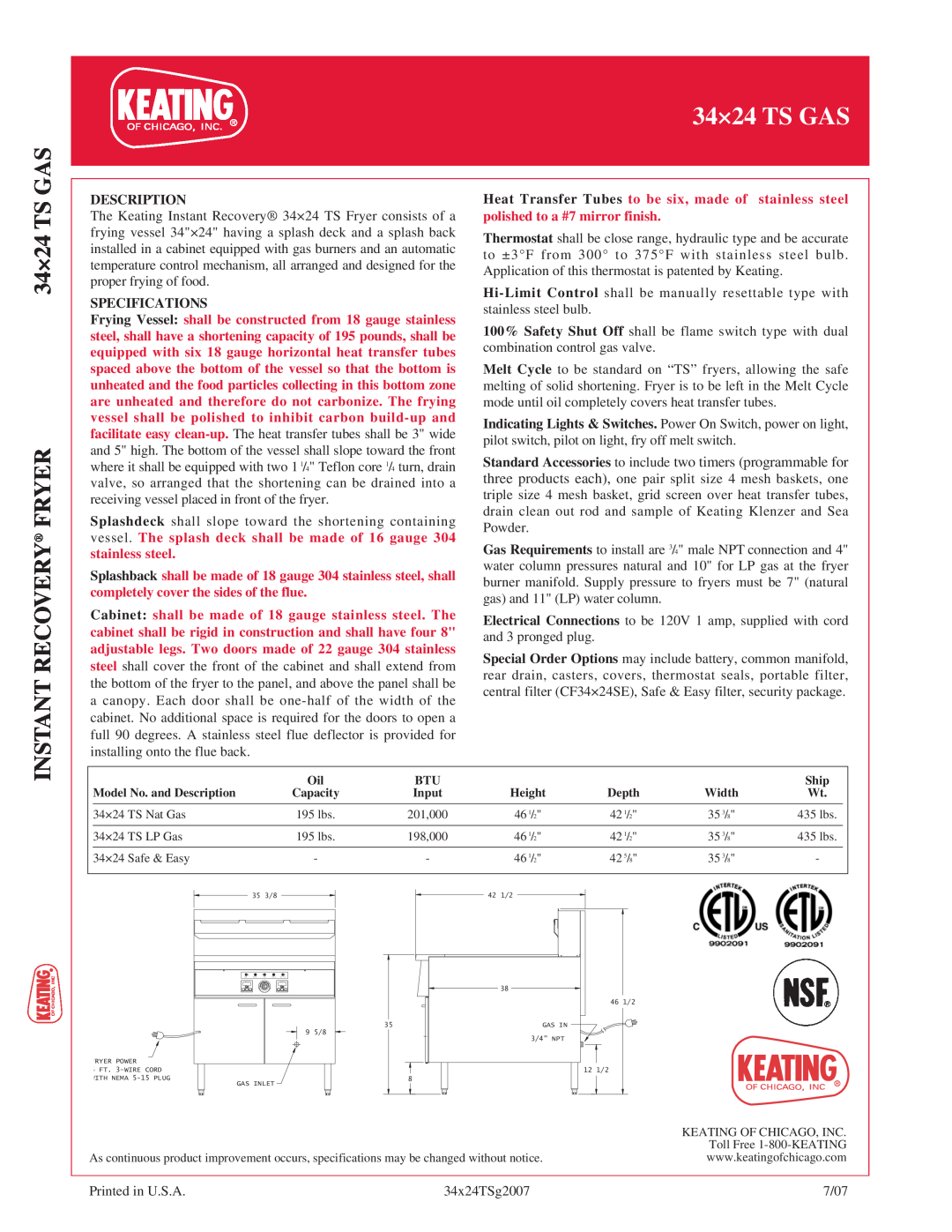 Keating Of Chicago 3424 TS GAS manual 34×24 TS GAS INSTANT RECOVERY FRYER, Description, Specifications 